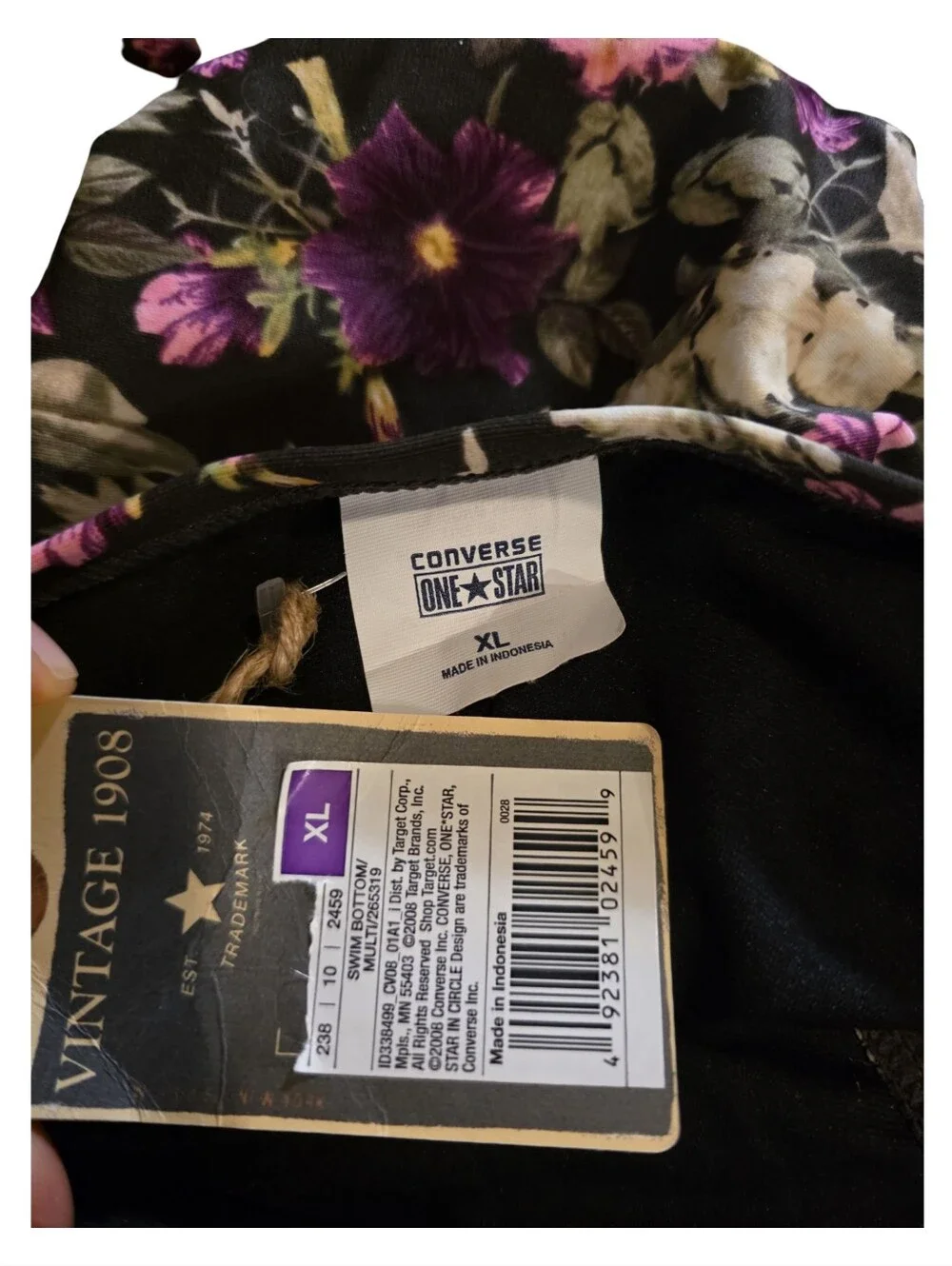 Converse One Star Floral Triangle Bikini Set Women Black Purple NWT Top L Bottom